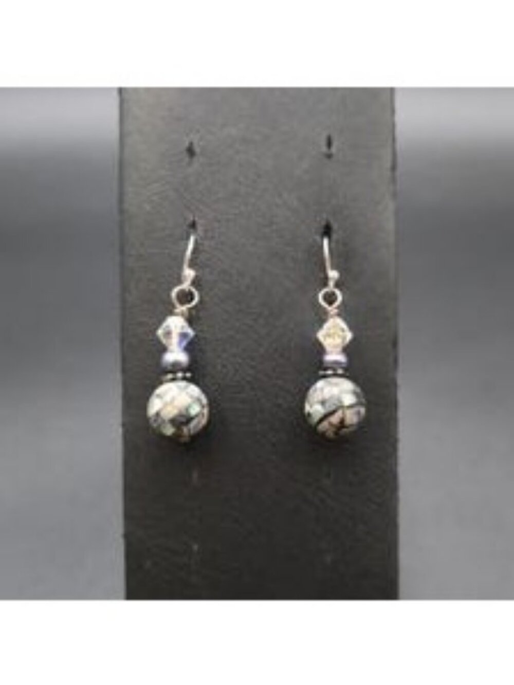 Sterling Silver Abalone Mosaic Earrings - Crystal and Pearl Accent Dangles A8228